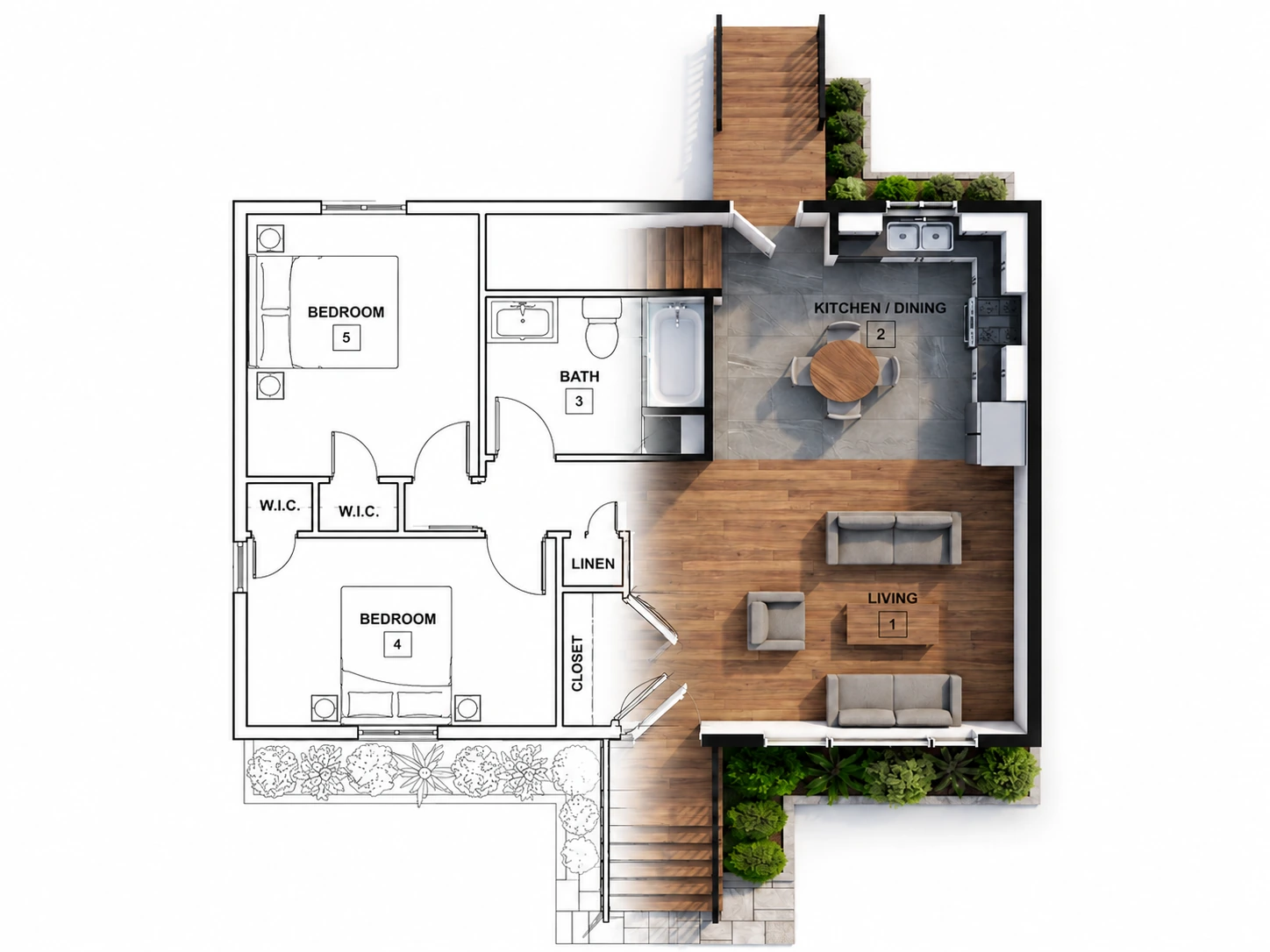 Residential floorplan concept transitioning into a furnished three-dimensional home layout