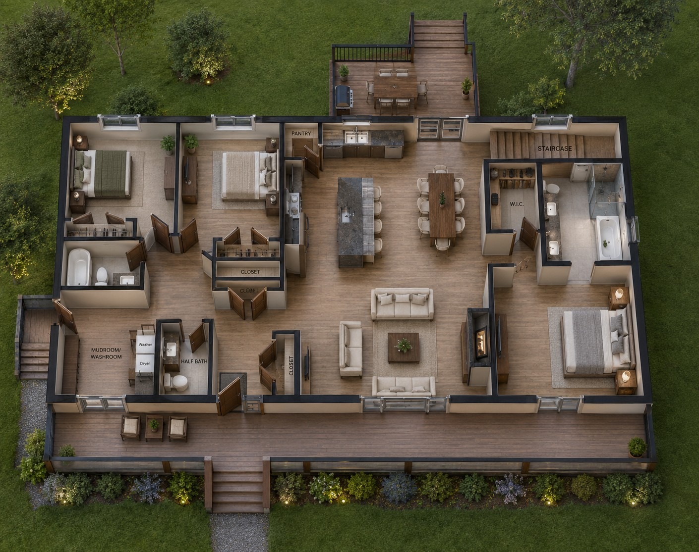 Generational living home floorplan with private bedroom zones and shared central living spaces
